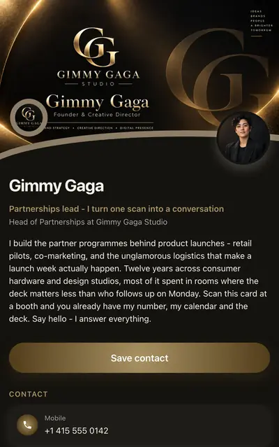 A digital business card open on a phone, showing a cover photo, a portrait, a
                    job title and a Save contact button