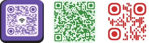 Three QR codes made with this generator, in different colors, dot shapes and eye
                  styles, one of them carrying a logo